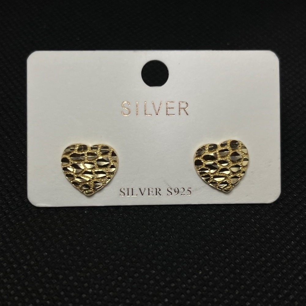925 Sterling Silver Gold Plated Nugget‎ Heart Stud Earrings 12mm Textured